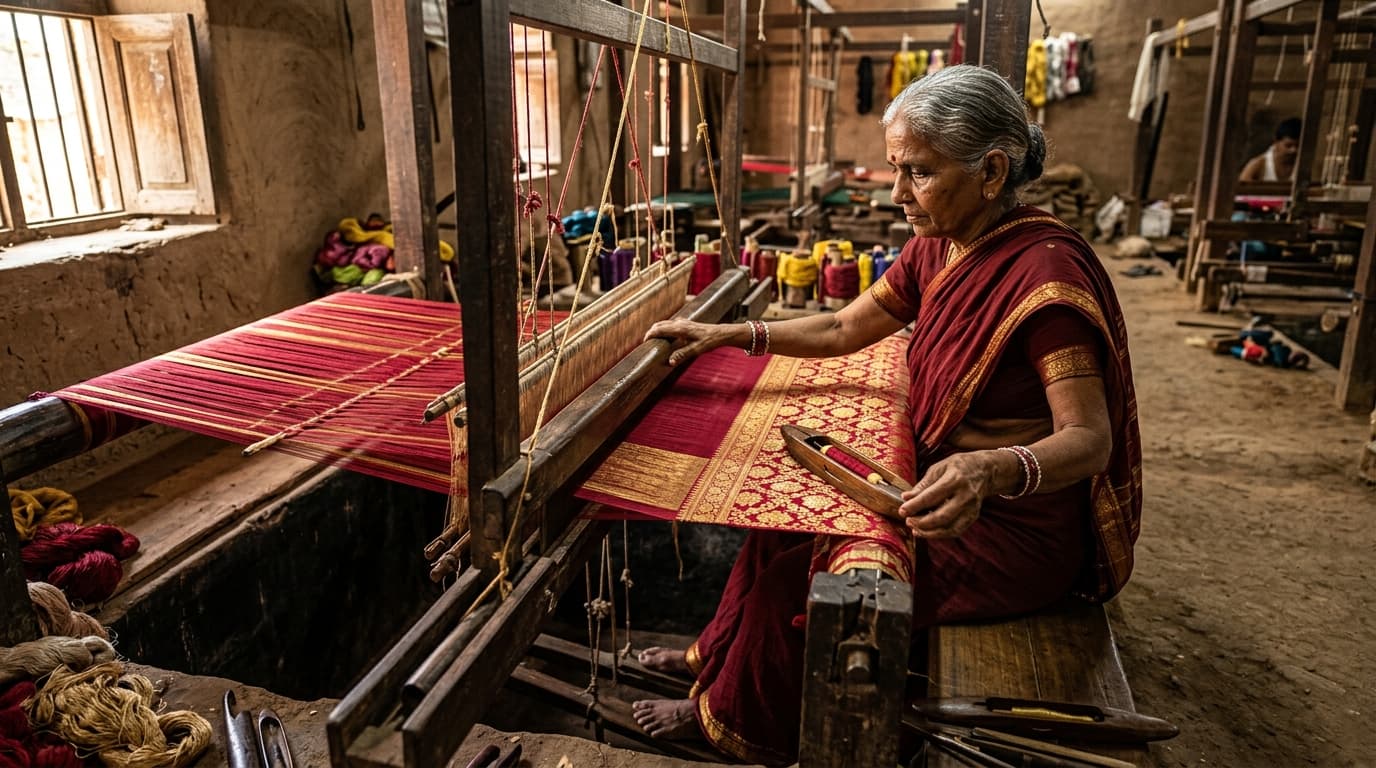 Handloom weaving warp, wooden shuttle, and master craft textures